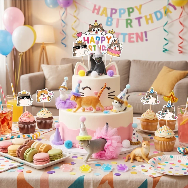 Alt view image 6 of 7 - 32 Pcs Cat Cake Decorations Set - Cat Party Cupcake Toppers&Cat Cupcake Toppers&Kitten Model Ornament&Cat Paw Cake Decorations etc Cat Birthday Party Decorations