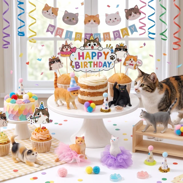 Alt view image 2 of 7 - 32 Pcs Cat Cake Decorations Set - Cat Party Cupcake Toppers&Cat Cupcake Toppers&Kitten Model Ornament&Cat Paw Cake Decorations etc Cat Birthday Party Decorations
