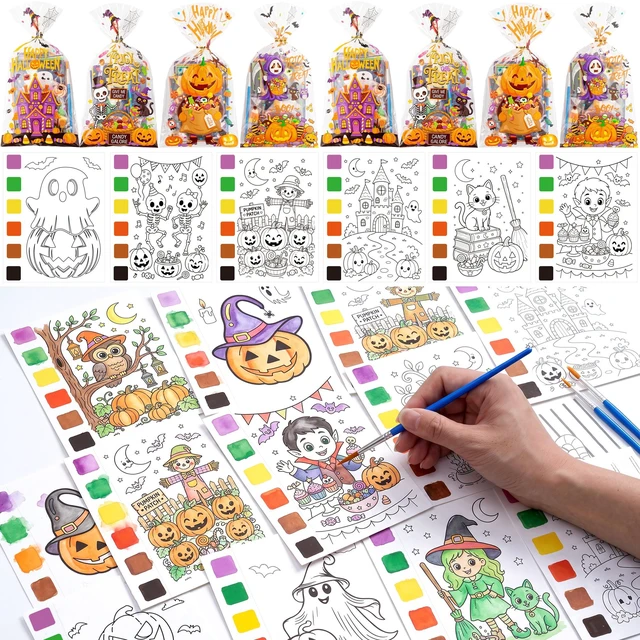 Main image of 240 Pcs Halloween Party Supplies-Halloween Watercolor Coloring Cards&Halloween Gift Cards&Halloween Party Gift Bags&Painting Brushes for Halloween Party Decorations/Trick or Treat Party Decorations