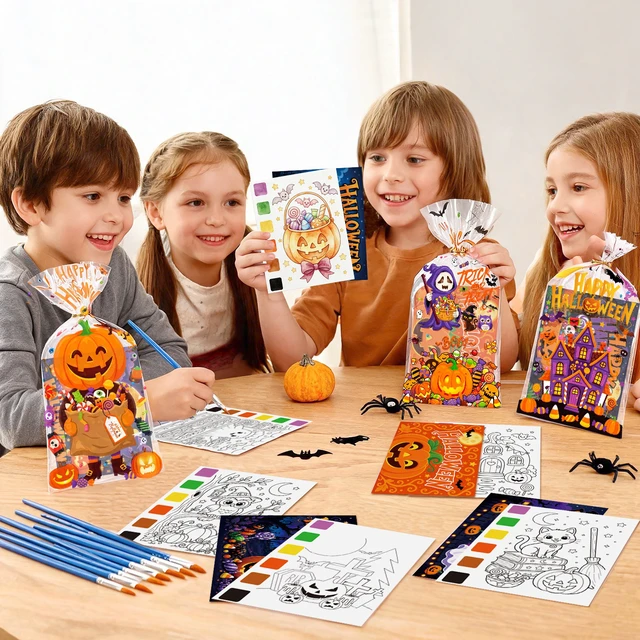 Alt view image 3 of 7 - 240 Pcs Halloween Party Supplies-Halloween Watercolor Coloring Cards&Halloween Gift Cards&Halloween Party Gift Bags&Painting Brushes for Halloween Party Decorations/Trick or Treat Party Decorations