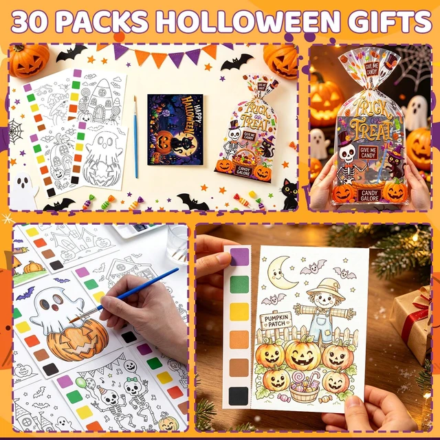 Alt view image 6 of 7 - 240 Pcs Halloween Party Supplies-Halloween Watercolor Coloring Cards&Halloween Gift Cards&Halloween Party Gift Bags&Painting Brushes for Halloween Party Decorations/Trick or Treat Party Decorations
