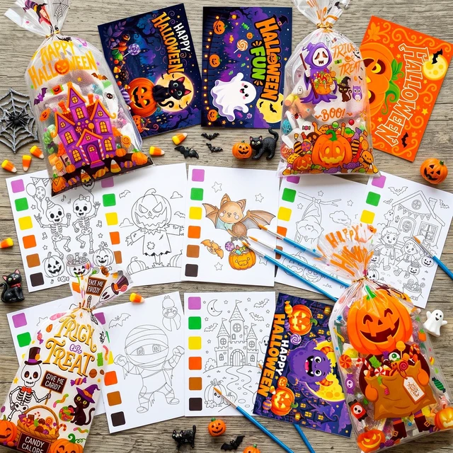 Alt view image 4 of 7 - 240 Pcs Halloween Party Supplies-Halloween Watercolor Coloring Cards&Halloween Gift Cards&Halloween Party Gift Bags&Painting Brushes for Halloween Party Decorations/Trick or Treat Party Decorations