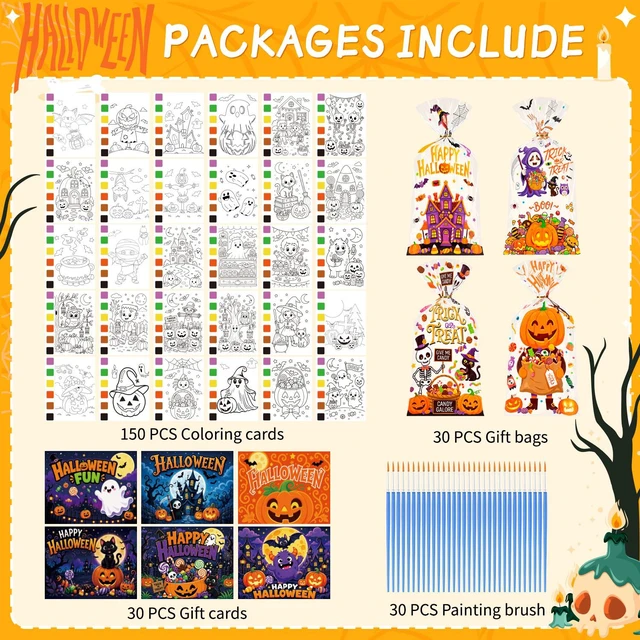 Alt view image 7 of 7 - 240 Pcs Halloween Party Supplies-Halloween Watercolor Coloring Cards&Halloween Gift Cards&Halloween Party Gift Bags&Painting Brushes for Halloween Party Decorations/Trick or Treat Party Decorations