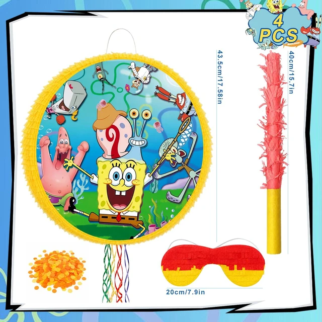 Alt view image 7 of 7 - 4Pcs Round SpongeBob Piñata Bundle - SpongeBob Piñata Large & Game Blindfold & SpongeBob Pinata Stick etc SpongeBob Birthday Party Supplies for SpongeBob Birthday Party Decorations