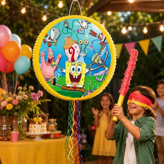 Alt view image 3 of 7 - 4Pcs Round SpongeBob Piñata Bundle - SpongeBob Piñata Large & Game Blindfold & SpongeBob Pinata Stick etc SpongeBob Birthday Party Supplies for SpongeBob Birthday Party Decorations