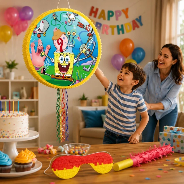 Alt view image 4 of 7 - 4Pcs Round SpongeBob Piñata Bundle - SpongeBob Piñata Large & Game Blindfold & SpongeBob Pinata Stick etc SpongeBob Birthday Party Supplies for SpongeBob Birthday Party Decorations