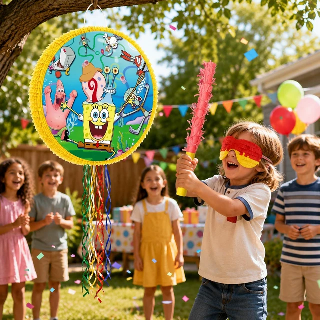 Alt view image 2 of 7 - 4Pcs Round SpongeBob Piñata Bundle - SpongeBob Piñata Large & Game Blindfold & SpongeBob Pinata Stick etc SpongeBob Birthday Party Supplies for SpongeBob Birthday Party Decorations