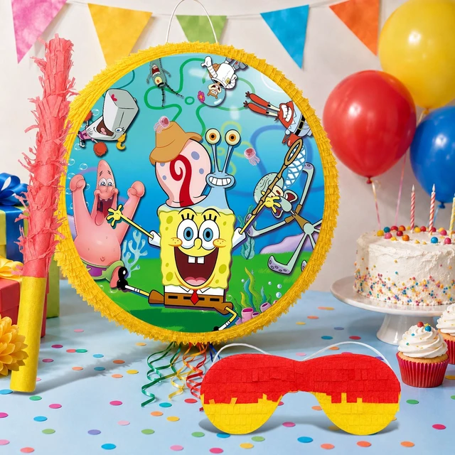 Alt view image 5 of 7 - 4Pcs Round SpongeBob Piñata Bundle - SpongeBob Piñata Large & Game Blindfold & SpongeBob Pinata Stick etc SpongeBob Birthday Party Supplies for SpongeBob Birthday Party Decorations