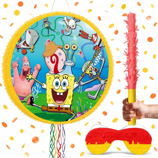 Main image of 4Pcs Round SpongeBob Piñata Bundle - SpongeBob Piñata Large & Game Blindfold & SpongeBob Pinata Stick etc SpongeBob Birthday Party Supplies for SpongeBob Birthday Party Decorations