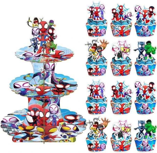 Main image of 25 Pcs Spidey and His Amazing Friends Birthday Decorations-3 Tier Spidey and His Amazing Friends Party Cupcake Stand&Spidey and His Amazing Friends Cupcake Toppers&Spider-Man Party Cupcake Collar