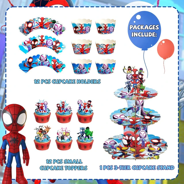 Alt view image 7 of 7 - 25 Pcs Spidey and His Amazing Friends Birthday Decorations-3 Tier Spidey and His Amazing Friends Party Cupcake Stand&Spidey and His Amazing Friends Cupcake Toppers&Spider-Man Party Cupcake Collar