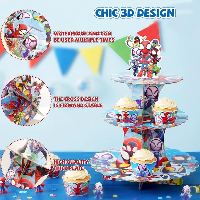 Alt view image 6 of 7 - 25 Pcs Spidey and His Amazing Friends Birthday Decorations-3 Tier Spidey and His Amazing Friends Party Cupcake Stand&Spidey and His Amazing Friends Cupcake Toppers&Spider-Man Party Cupcake Collar