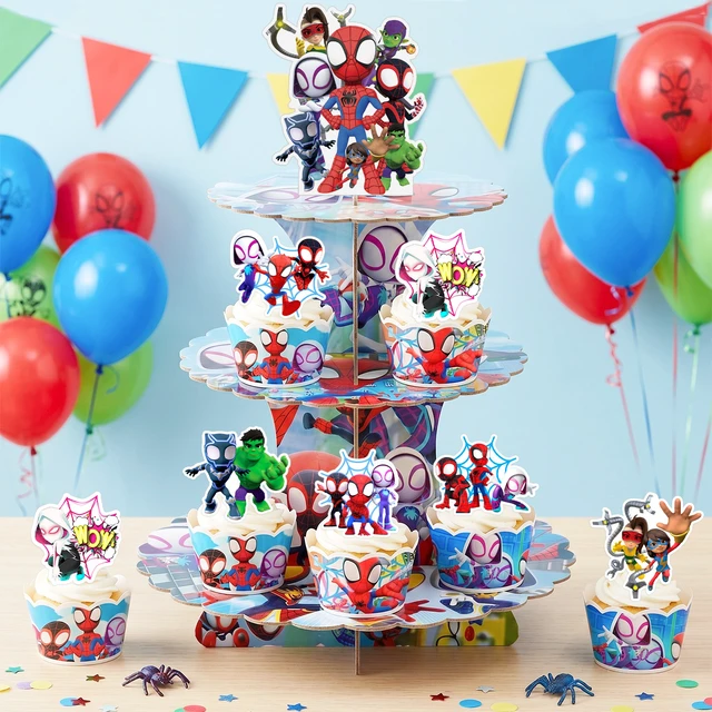 Alt view image 4 of 7 - 25 Pcs Spidey and His Amazing Friends Birthday Decorations-3 Tier Spidey and His Amazing Friends Party Cupcake Stand&Spidey and His Amazing Friends Cupcake Toppers&Spider-Man Party Cupcake Collar