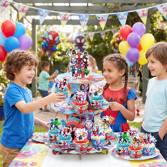 Alt view image 2 of 7 - 25 Pcs Spidey and His Amazing Friends Birthday Decorations-3 Tier Spidey and His Amazing Friends Party Cupcake Stand&Spidey and His Amazing Friends Cupcake Toppers&Spider-Man Party Cupcake Collar
