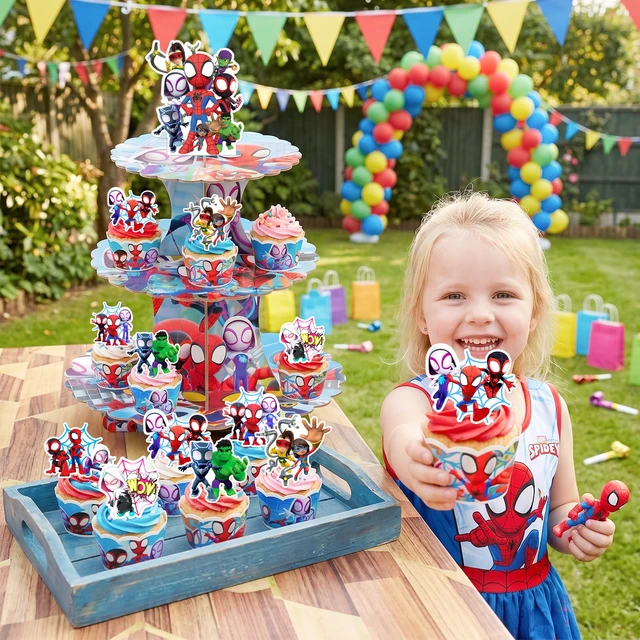 Alt view image 3 of 7 - 25 Pcs Spidey and His Amazing Friends Birthday Decorations-3 Tier Spidey and His Amazing Friends Party Cupcake Stand&Spidey and His Amazing Friends Cupcake Toppers&Spider-Man Party Cupcake Collar
