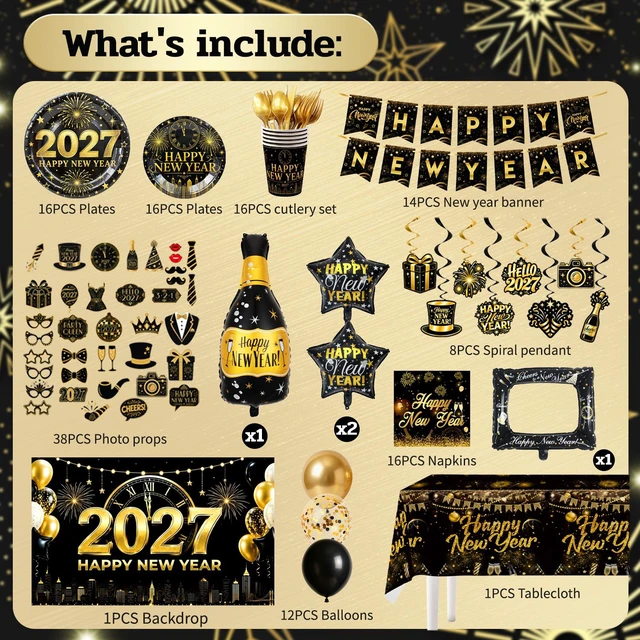 Alt view image 6 of 6 - Happy New Year Eve Party Supplies, 16 Guests New Year Party Decorations&2027 New Year's Party Tableware Set-New Year Party Banner Balloons Backdrop Plates Cups etc New Year 2027 Supplies