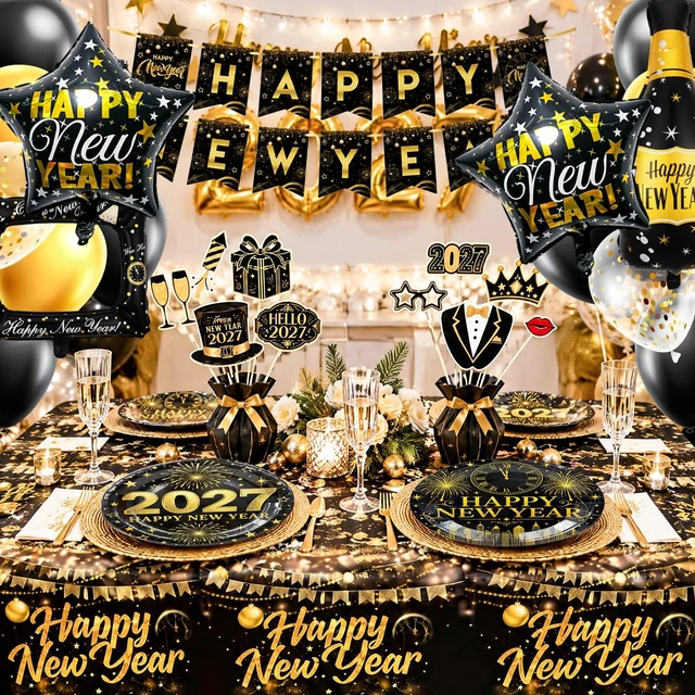Alt view image 5 of 6 - Happy New Year Eve Party Supplies, 16 Guests New Year Party Decorations&2027 New Year's Party Tableware Set-New Year Party Banner Balloons Backdrop Plates Cups etc New Year 2027 Supplies
