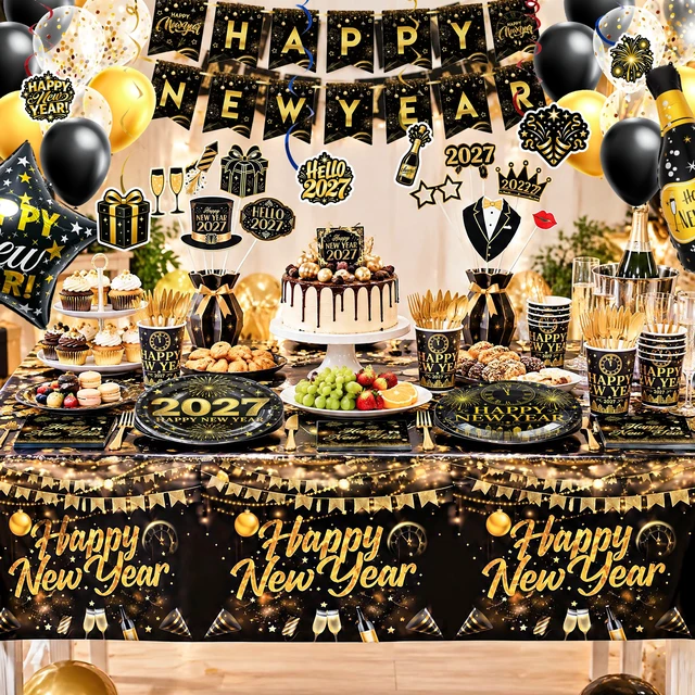 Alt view image 3 of 6 - Happy New Year Eve Party Supplies, 16 Guests New Year Party Decorations&2027 New Year's Party Tableware Set-New Year Party Banner Balloons Backdrop Plates Cups etc New Year 2027 Supplies