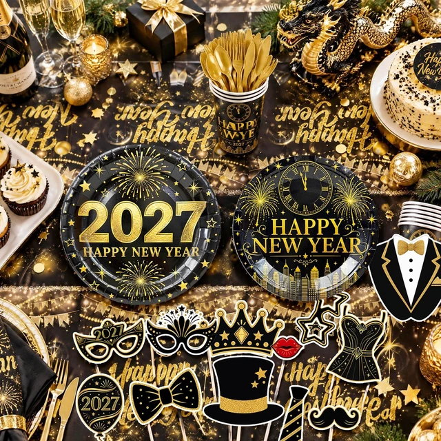 Alt view image 4 of 6 - Happy New Year Eve Party Supplies, 16 Guests New Year Party Decorations&2027 New Year's Party Tableware Set-New Year Party Banner Balloons Backdrop Plates Cups etc New Year 2027 Supplies