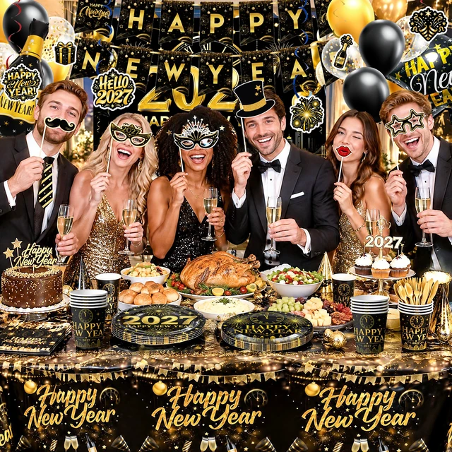 Alt view image 2 of 6 - Happy New Year Eve Party Supplies, 16 Guests New Year Party Decorations&2027 New Year's Party Tableware Set-New Year Party Banner Balloons Backdrop Plates Cups etc New Year 2027 Supplies