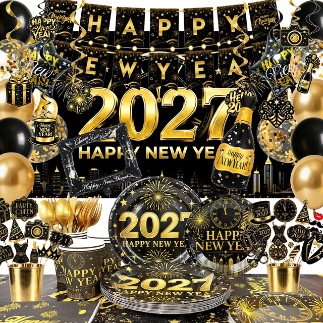 Main image of Happy New Year Eve Party Supplies, 16 Guests New Year Party Decorations&2027 New Year's Party Tableware Set-New Year Party Banner Balloons Backdrop Plates Cups etc New Year 2027 Supplies