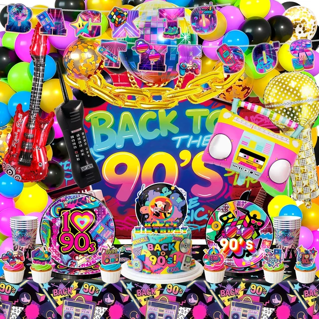 Main image of 128 Pcs 90s Birthday Decorations&90s Party Tableware Set - 90s Party Banner Balloons Cake Toppers Plates Napkins etc 90s Party Decorations for 90s Birthday Party Supplies