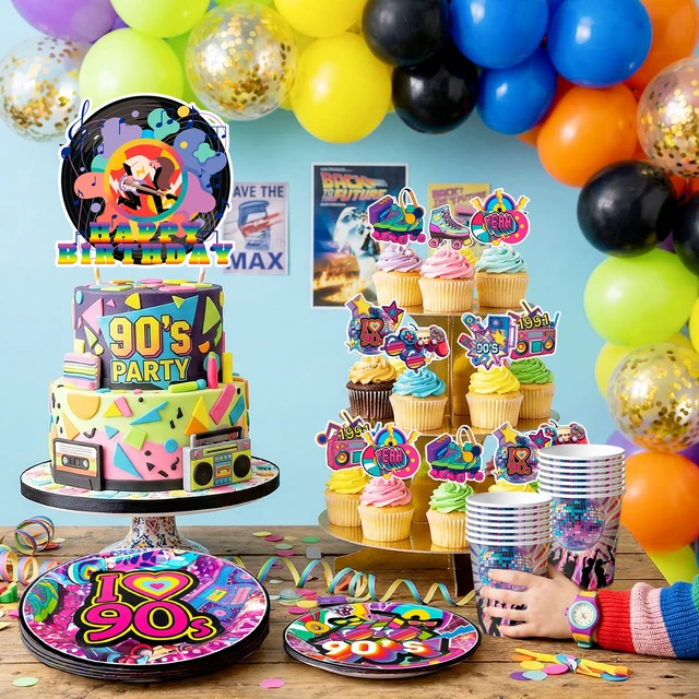 Alt view image 3 of 7 - 128 Pcs 90s Birthday Decorations&90s Party Tableware Set - 90s Party Banner Balloons Cake Toppers Plates Napkins etc 90s Party Decorations for 90s Birthday Party Supplies