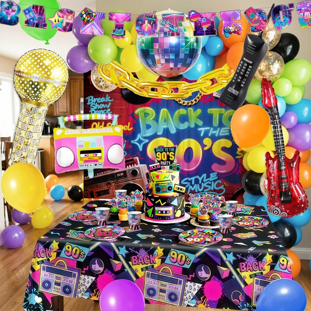 Alt view image 2 of 7 - 128 Pcs 90s Birthday Decorations&90s Party Tableware Set - 90s Party Banner Balloons Cake Toppers Plates Napkins etc 90s Party Decorations for 90s Birthday Party Supplies