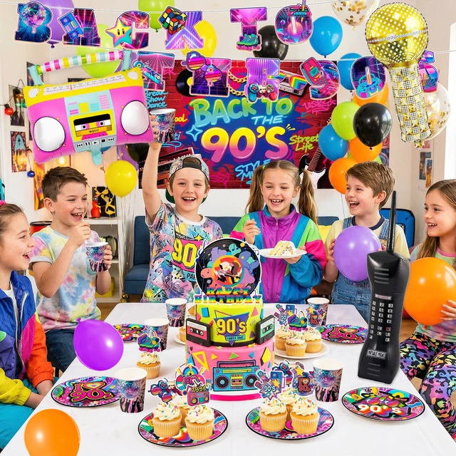 Alt view image 4 of 7 - 128 Pcs 90s Birthday Decorations&90s Party Tableware Set - 90s Party Banner Balloons Cake Toppers Plates Napkins etc 90s Party Decorations for 90s Birthday Party Supplies