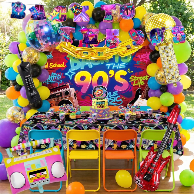 Alt view image 6 of 7 - 128 Pcs 90s Birthday Decorations&90s Party Tableware Set - 90s Party Banner Balloons Cake Toppers Plates Napkins etc 90s Party Decorations for 90s Birthday Party Supplies