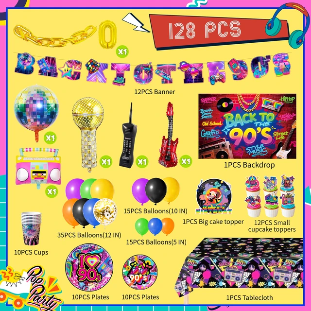 Alt view image 7 of 7 - 128 Pcs 90s Birthday Decorations&90s Party Tableware Set - 90s Party Banner Balloons Cake Toppers Plates Napkins etc 90s Party Decorations for 90s Birthday Party Supplies