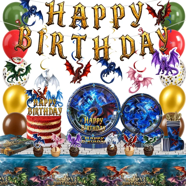 Main image of 165 Pcs Dragon Birthday Decorations & Dragon Party Tableware Set -Dragon Party Banner Balloons Plates Cups Tablecloth etc Dragon Party Decorations for Dragon Birthday Party Supplies