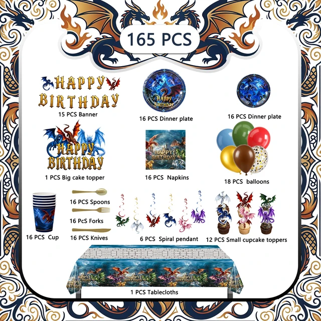 Alt view image 6 of 6 - 165 Pcs Dragon Birthday Decorations & Dragon Party Tableware Set -Dragon Party Banner Balloons Plates Cups Tablecloth etc Dragon Party Decorations for Dragon Birthday Party Supplies