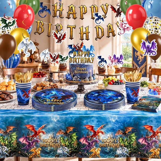 Alt view image 3 of 6 - 165 Pcs Dragon Birthday Decorations & Dragon Party Tableware Set -Dragon Party Banner Balloons Plates Cups Tablecloth etc Dragon Party Decorations for Dragon Birthday Party Supplies