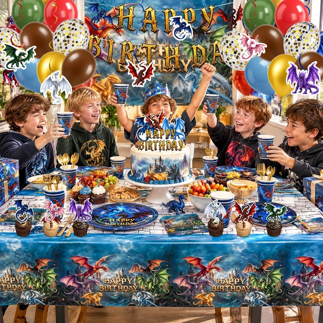 Alt view image 2 of 6 - 165 Pcs Dragon Birthday Decorations & Dragon Party Tableware Set -Dragon Party Banner Balloons Plates Cups Tablecloth etc Dragon Party Decorations for Dragon Birthday Party Supplies