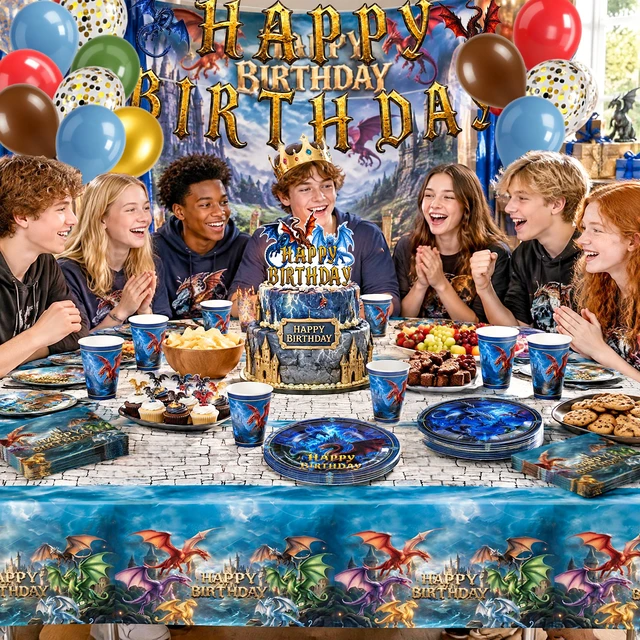 Alt view image 4 of 6 - 165 Pcs Dragon Birthday Decorations & Dragon Party Tableware Set -Dragon Party Banner Balloons Plates Cups Tablecloth etc Dragon Party Decorations for Dragon Birthday Party Supplies