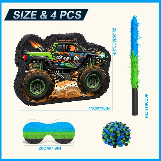 Alt view image 6 of 6 - 4 Pcs Monster Truck Pinata Supplies - Monster Truck Party Pinata & Racing Car Pinata Stick & Monster Truck Game Eye Mask etc Racing Car Birthday Party Supplies for Monster Truck Birthday Party Favors