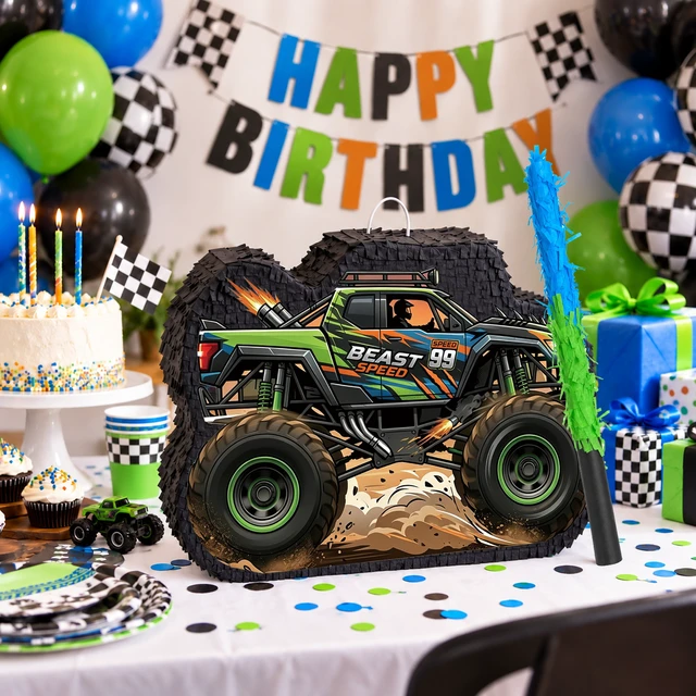 Alt view image 2 of 6 - 4 Pcs Monster Truck Pinata Supplies - Monster Truck Party Pinata & Racing Car Pinata Stick & Monster Truck Game Eye Mask etc Racing Car Birthday Party Supplies for Monster Truck Birthday Party Favors