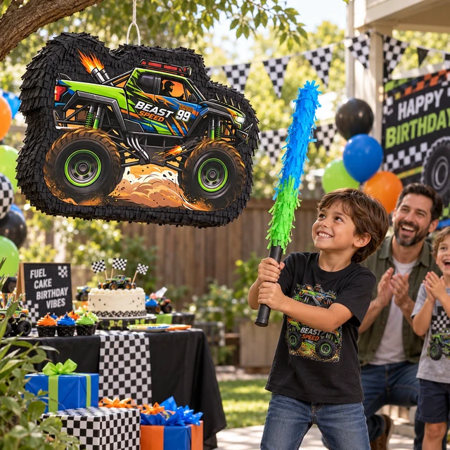 Alt view image 4 of 6 - 4 Pcs Monster Truck Pinata Supplies - Monster Truck Party Pinata & Racing Car Pinata Stick & Monster Truck Game Eye Mask etc Racing Car Birthday Party Supplies for Monster Truck Birthday Party Favors