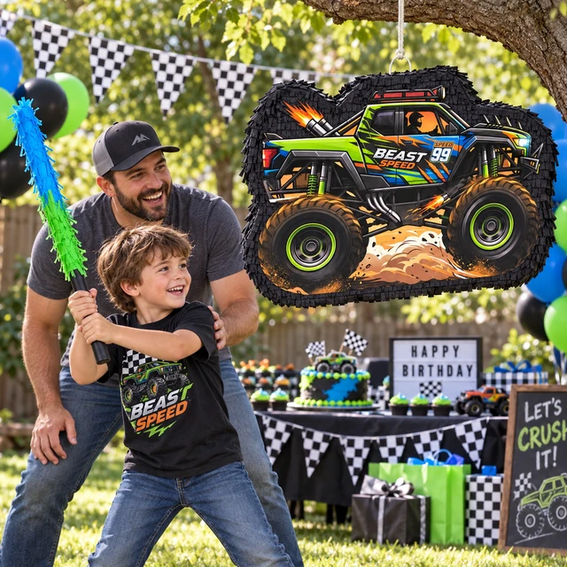 Alt view image 3 of 6 - 4 Pcs Monster Truck Pinata Supplies - Monster Truck Party Pinata & Racing Car Pinata Stick & Monster Truck Game Eye Mask etc Racing Car Birthday Party Supplies for Monster Truck Birthday Party Favors