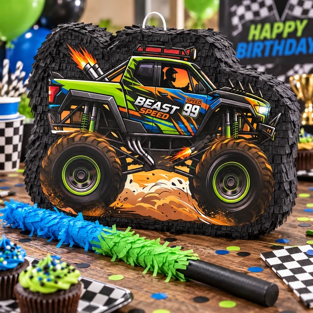 Alt view image 5 of 6 - 4 Pcs Monster Truck Pinata Supplies - Monster Truck Party Pinata & Racing Car Pinata Stick & Monster Truck Game Eye Mask etc Racing Car Birthday Party Supplies for Monster Truck Birthday Party Favors