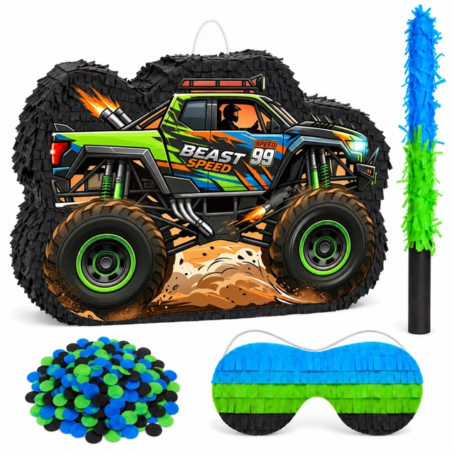 Main image of 4 Pcs Monster Truck Pinata Supplies - Monster Truck Party Pinata & Racing Car Pinata Stick & Monster Truck Game Eye Mask etc Racing Car Birthday Party Supplies for Monster Truck Birthday Party Favors