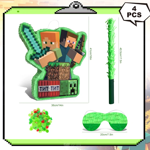 Alt view image 7 of 7 - 4 Pcs Minecraft Pinata Set - 16" Minecraft Party Pinata & Minecraft Pinata Sticks & Minecraft Pinata Game Eye Mask etc Minecraft Pinata Supplies for Minecraft Birthday Party Decorations