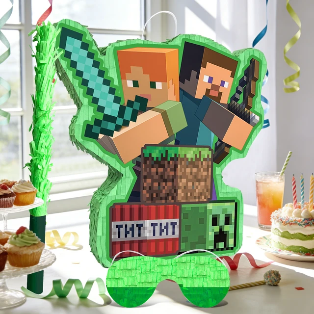 Alt view image 5 of 7 - 4 Pcs Minecraft Pinata Set - 16" Minecraft Party Pinata & Minecraft Pinata Sticks & Minecraft Pinata Game Eye Mask etc Minecraft Pinata Supplies for Minecraft Birthday Party Decorations