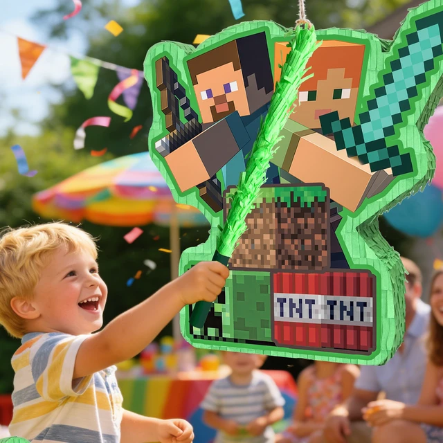 Alt view image 3 of 7 - 4 Pcs Minecraft Pinata Set - 16" Minecraft Party Pinata & Minecraft Pinata Sticks & Minecraft Pinata Game Eye Mask etc Minecraft Pinata Supplies for Minecraft Birthday Party Decorations