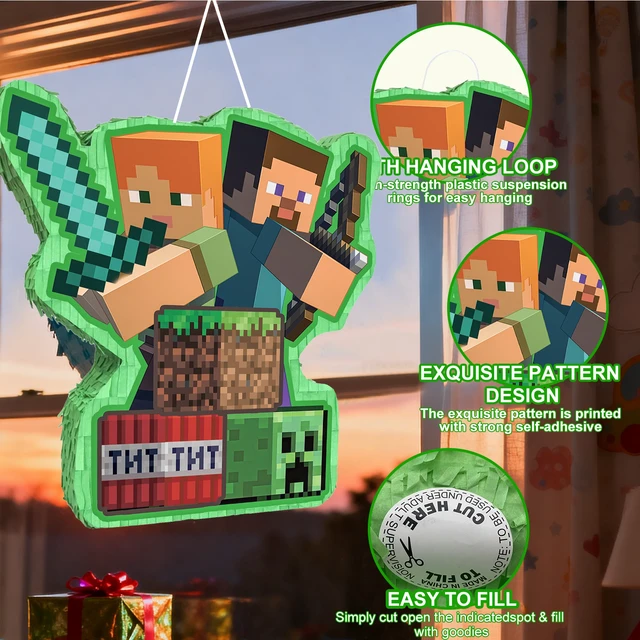 Alt view image 6 of 7 - 4 Pcs Minecraft Pinata Set - 16" Minecraft Party Pinata & Minecraft Pinata Sticks & Minecraft Pinata Game Eye Mask etc Minecraft Pinata Supplies for Minecraft Birthday Party Decorations
