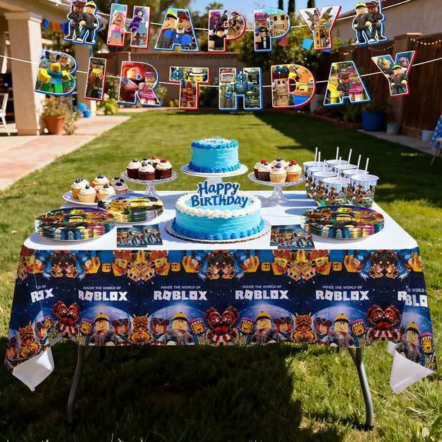 Alt view image 3 of 7 - 114Pcs Roblox Birthday Party Decoration Tableware Set, Roblox Party Supplies Tableware including Roblox Tablecloth Banner Plates Napkins Cups for Roblox Birthday Party Decoration