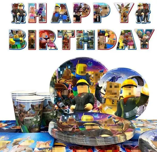 Main image of 114Pcs Roblox Birthday Party Decoration Tableware Set, Roblox Party Supplies Tableware including Roblox Tablecloth Banner Plates Napkins Cups for Roblox Birthday Party Decoration