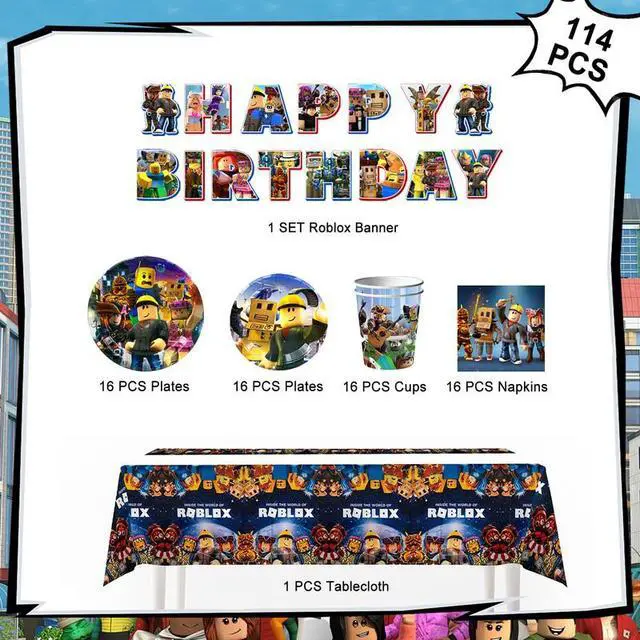 Alt view image 2 of 7 - 114Pcs Roblox Birthday Party Decoration Tableware Set, Roblox Party Supplies Tableware including Roblox Tablecloth Banner Plates Napkins Cups for Roblox Birthday Party Decoration