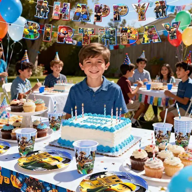 Alt view image 4 of 7 - 114Pcs Roblox Birthday Party Decoration Tableware Set, Roblox Party Supplies Tableware including Roblox Tablecloth Banner Plates Napkins Cups for Roblox Birthday Party Decoration